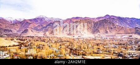 View landscape and cityscape of Leh Ladakh Village with Himalaya mountain range from viewpoint of Leh Stok Palace while winter season in Jammu and Kas Stock Photo