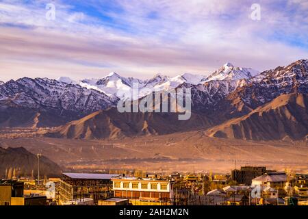 View landscape and cityscape of Leh Ladakh Village with Himalaya mountain range from viewpoint of Leh Stok Palace while winter season in Jammu and Kas Stock Photo