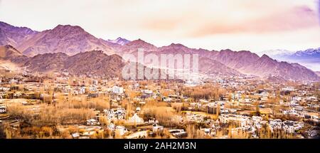 View landscape and cityscape of Leh Ladakh Village with Himalaya mountain range from viewpoint of Leh Stok Palace while winter season in Jammu and Kas Stock Photo