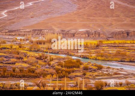 View landscape and cityscape of Leh Ladakh Village with Himalaya mountain range from viewpoint of Leh Stok Palace while winter season in Jammu and Kas Stock Photo