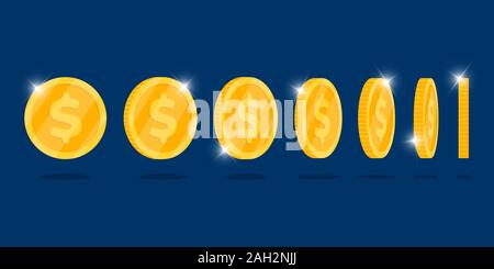 Gold 3d coin turn around different position set for game or apps animation. Bingo jackpot casino poker win element. Cash treasure concept flat vector illustration Stock Vector