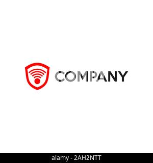 Signal & Shield Logo Design Template, Emblem Logo Design Concept, Red, Black, Wireless Network Security Stock Vector