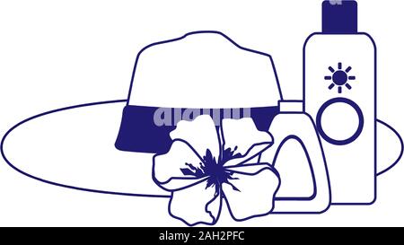 beach hat with flower and sun bronzers bottles, flat design Stock Vector