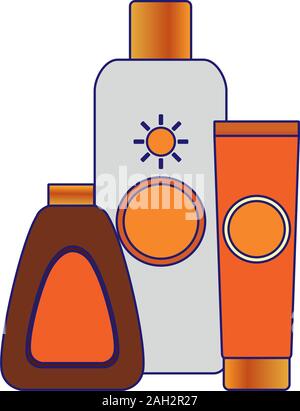 sun bronzers and sunscreens bottles Stock Vector