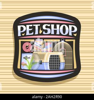 Vector logo for Pet Shop, black decorative label with illustration of plastic transport box for cat, aquarium with goldfish and seaweed in water, curl Stock Vector