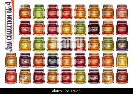 Vector set of different Jam Jars, group of 42 colorful cut out objects of fruits containers, graphic illustrations of variety big glass jars with meta Stock Vector