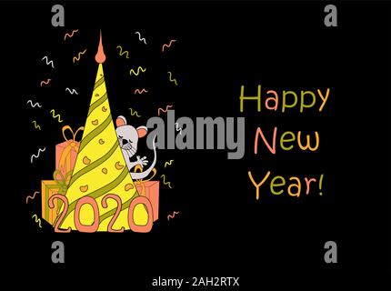 New Year's card for children. Mouse and Christmas tree. Holiday Christmas and New Year. Symbol of 2020. Confetti. Stock Vector