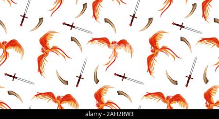 Phoenix. The magic phoenix. Harry Potter. Professor Dumbledore's Bird. Seamless pattern. Gryffindorf's sword. Fiery animal.. Stock Vector