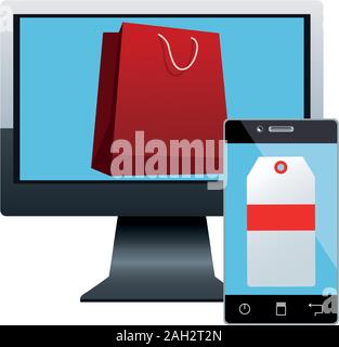 computer with shopping bag on screen and smartphone with price tag on screen, colorful design Stock Vector