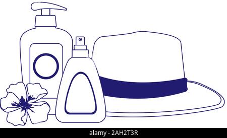 beach hat with sunscreens bottles, flat design Stock Vector