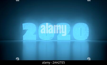 Happiness for the New Year 2020 lettering made by cracked glowing glass or ice crystalls over frozen wall. 3d illustration. Stock Photo