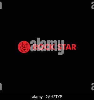 Rock Star Logo Design Template, Metal Hand Sign Concept, Black, Red, Ellipse, Rounded Shape, Vector Stock Vector