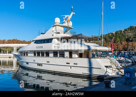 Malaga, Spain - December 4, 2018: Motor super yacht Whisper moored in port of Malaga, Andalusia, Spain. Stock Photo
