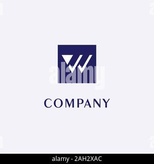 Letter W or VV or VW Logo Design Template, Blue Box, Gray Background, Rectangle Square Logo Concept, Simple and Clean, Strong & Bold, White Lettermark Stock Vector