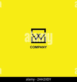 Letter W or VV or VW Logo Design Template, Black Box in Yellow Background, Rectangle Square Logo Concept, Simple and Clean, Strong & Bold Stock Vector