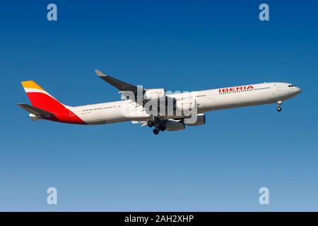 Madrid, Spain - April 10, 2017: Iberia Airbus A340 airplane at Madrid airport (MAD) in Spain. Airbus is an aircraft manufacturer from Toulouse, France Stock Photo