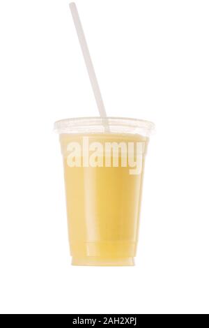 Fresh Fruit Smoothie Shake in a plastic cup and straw isolated on white background Stock Photo