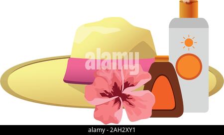 beach hat with flower and sun bronzers bottles Stock Vector