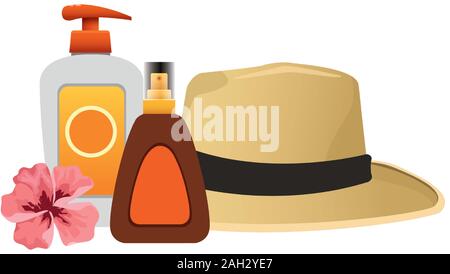 beach hat with sunscreens bottles, colorful design Stock Vector