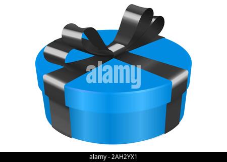 Blue gift box decorated with black ribbon. Round box Stock Vector