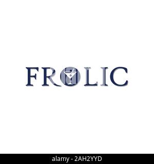 Frolic Logo Concept, Cafe, Bar Logo Design Template, Night Club, Drink Glass Icon, Blue Wordmark, White Background Stock Vector