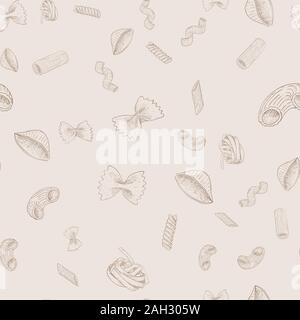 Pasta collection. Hand drawn vintage sketch on beige background. Seamless pattern Stock Vector