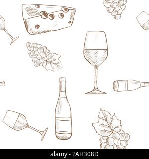 Wine set. Grapes, cheese and wine bottle. Outline hand drawn sketch. Seamless pattern Stock Vector