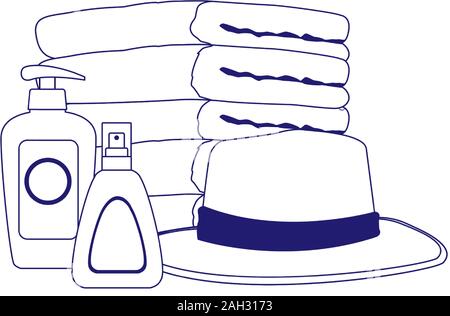 towels with beach hat and sun bronzers bottles, flat design Stock Vector