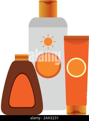 sun bronzers and sunscreens bottles, colorful design Stock Vector