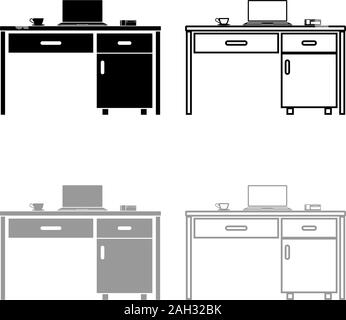 Desktop with laptop phone and tea mug Business stuff on table icon outline set black grey color vector illustration flat style simple image Stock Vector