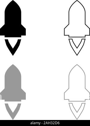 Rocket with flame in flying Spaceship launching Space exploration War weapon concept icon outline set black grey color vector illustration flat style Stock Vector