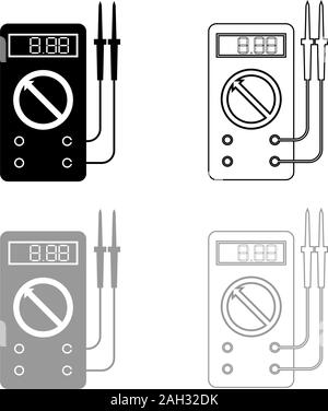 Digital multimeter for measuring electrical indicators AC DC voltage amperage ohmmeter power with probes icon outline set black grey color vector Stock Vector