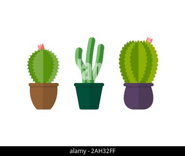 Set of cacti in pots. Houseplants. Isolated on white background, flat style. Stock Vector