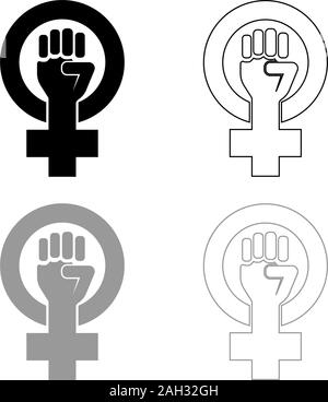 Symbol of feminism movement Gender women resist Fist hand in round and cross icon outline set black grey color vector illustration flat style simple Stock Vector