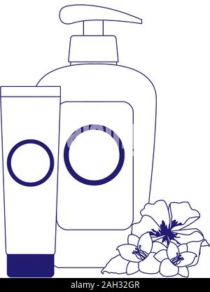 tropical flowers and sunscreens bottles, flat design Stock Vector