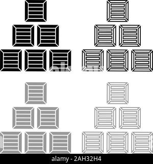 Pyramid crates Wooden boxs Containers icon outline set black grey color vector illustration flat style simple image Stock Vector