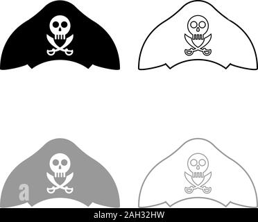 Pirate hat with skull and saber cutlass icon outline set black grey color vector illustration flat style simple image Stock Vector