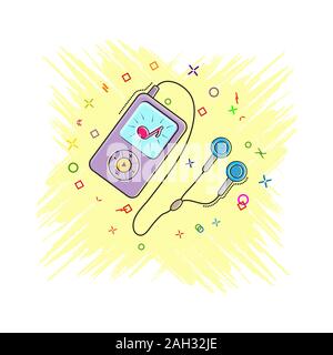 Simple cartoon Audio Music Player icon with headphones. Icon in comic style with a splash effect in Flat design style. isolated on white background Stock Vector