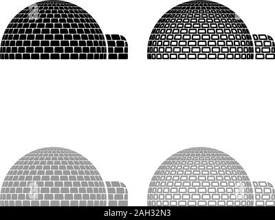 Igloo dwelling with icy cubes blocks Place when live inuits and eskimos Arctic home Dome shape icon outline set black grey color vector illustration Stock Vector