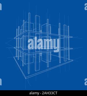 Drawing or sketch of a house under construction. Construction site. Main line, back contour and auxiliary lines. Vector made from 3d. Stock Vector