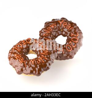 Two chocolate donuts with Happy New Year 2020 lettering on top . New Year sign. 3d rendering isolated on white background Selective focus macro shot w Stock Photo
