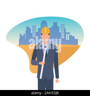 engineer man standing over white background, colorful design Stock Vector