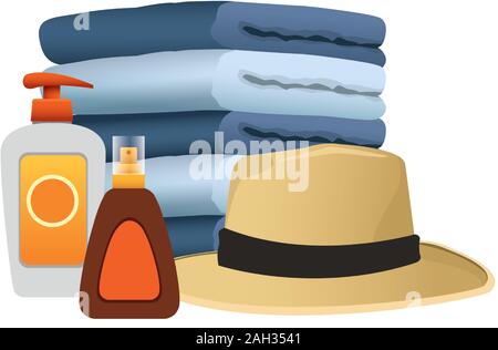 towels with beach hat and sun bronzers bottles, colorful design Stock Vector