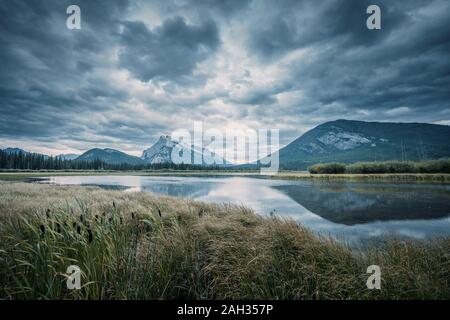 Mount Rundle and Vermillion Lakes in a cloudy sunset, Banff, Alberta, Canada Stock Photo