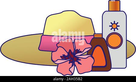beach hat with flower and sun bronzers bottles, colorful design Stock Vector