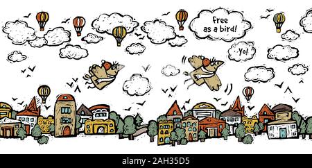 Freedom fly bird sky clouds houses isolate objects on white Stock Vector