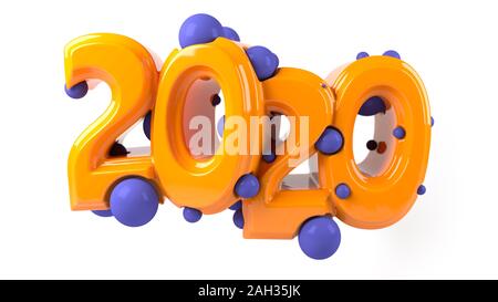 Figure 2020 made of bright plastic with balls inside. Trendy Primary colors Lush Lava, Phantom Blue. Isolated on white background. Christmas and New Y Stock Photo