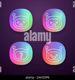 Robot emojis app icons set. Angry, sad, laughing chat bot smileys. Chatbot FAQ. Artificial intelligence. UI/UX user interface. Web or mobile applicati Stock Vector