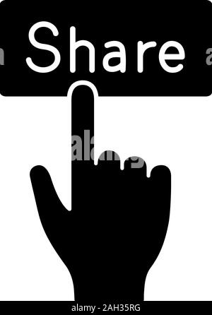 Share button glyph icon. Social media activity. Hand pressing button. Silhouette symbol. Negative space. Vector isolated illustration Stock Vector