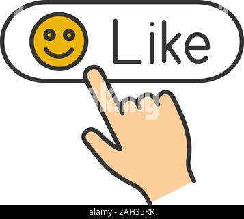 Like button click color icon. Positive comment. Hand pressing button. Isolated vector illustration Stock Vector